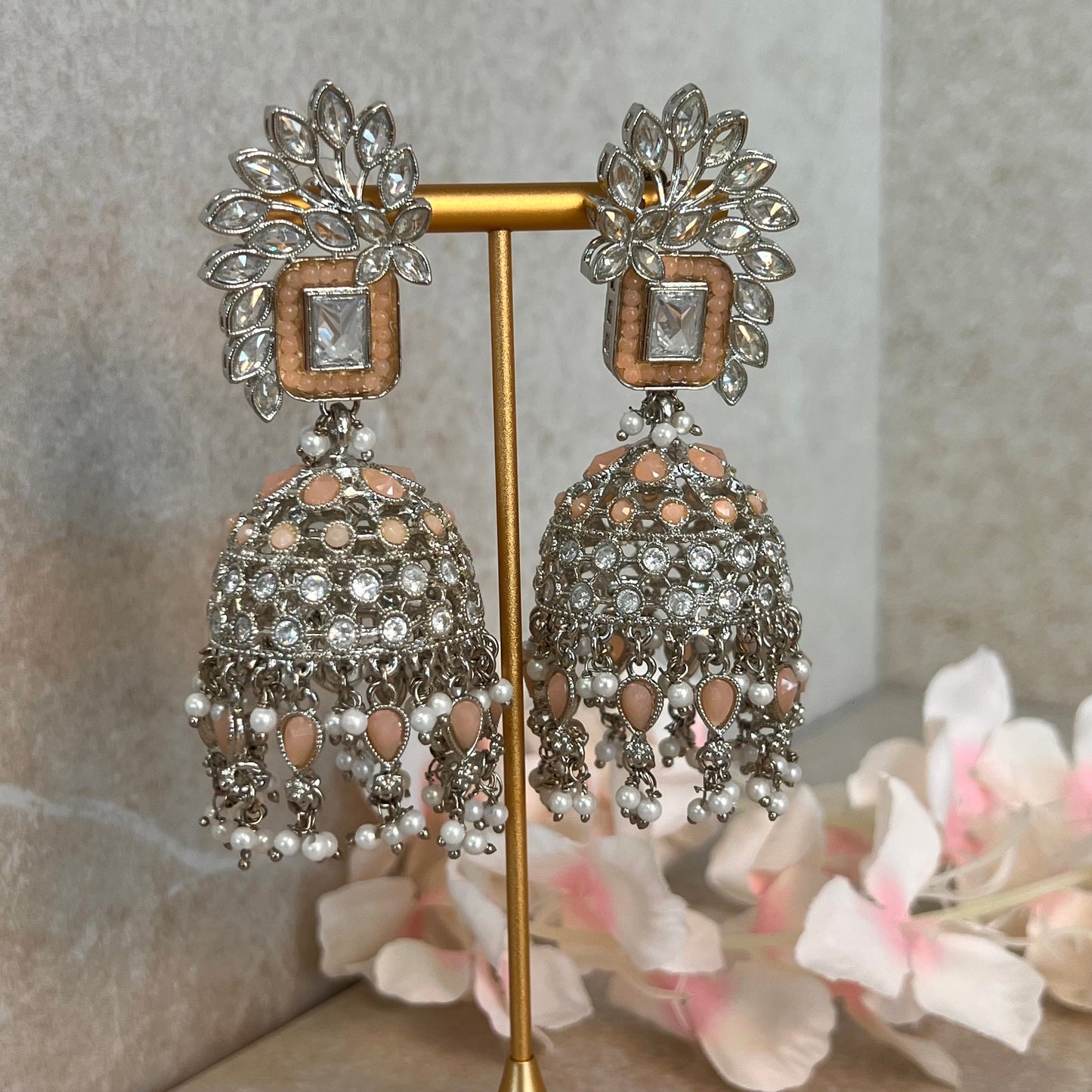 Peach/ Zircon Crystal Large Vine Leaf Jhumka Earrings - Indian Style Earring/Pakistani Fashion/ Mendhi/Party/Haldi/ Diwali Gift/ Eid Gift