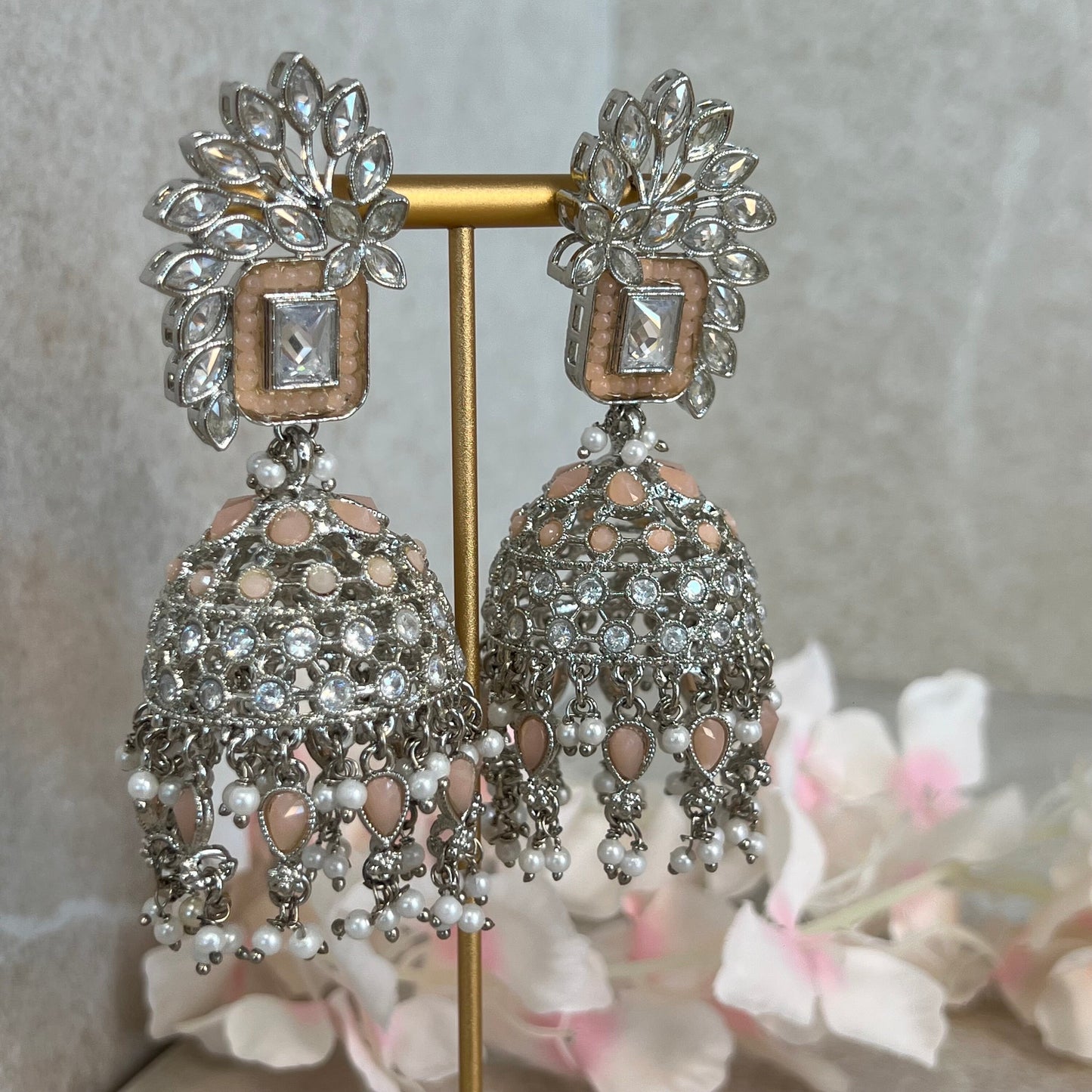 Peach/ Zircon Crystal Large Vine Leaf Jhumka Earrings - Indian Style Earring/Pakistani Fashion/ Mendhi/Party/Haldi/ Diwali Gift/ Eid Gift