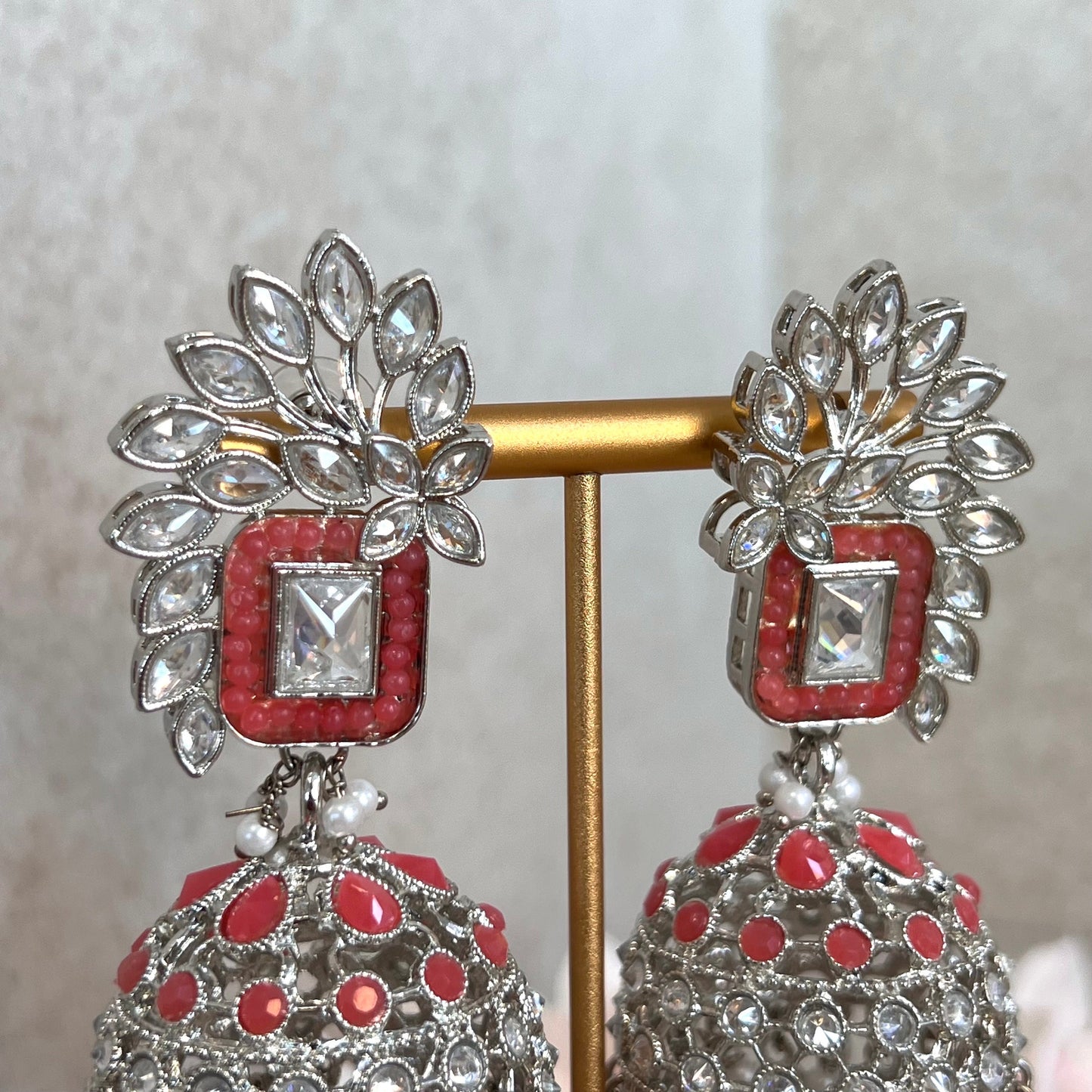 Coral/ Zircon Crystal Large Vine Leaf Jhumka Earrings - Indian Style Earring/Pakistani Fashion/ Mendhi/Party/Haldi/ Diwali Gift/ Eid Gift