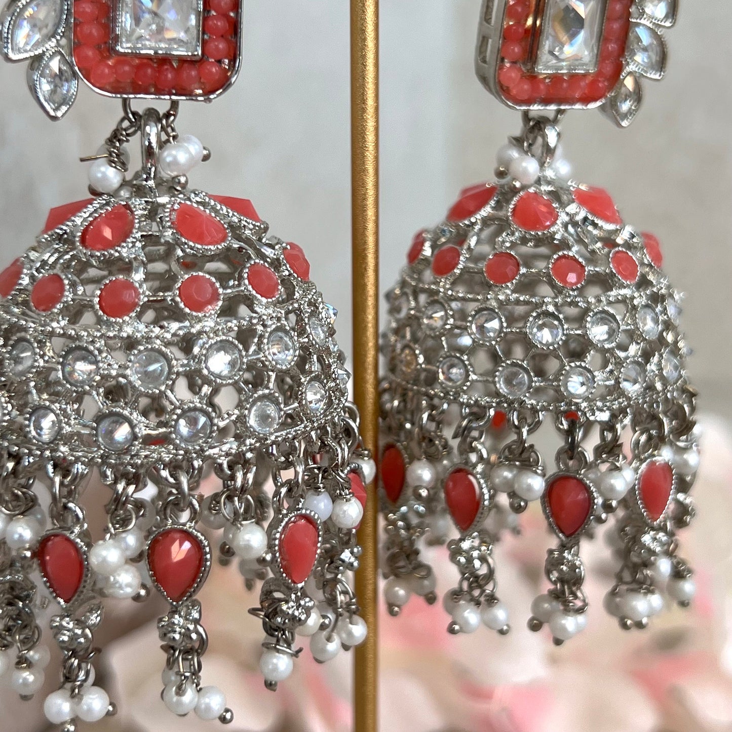 Coral/ Zircon Crystal Large Vine Leaf Jhumka Earrings - Indian Style Earring/Pakistani Fashion/ Mendhi/Party/Haldi/ Diwali Gift/ Eid Gift