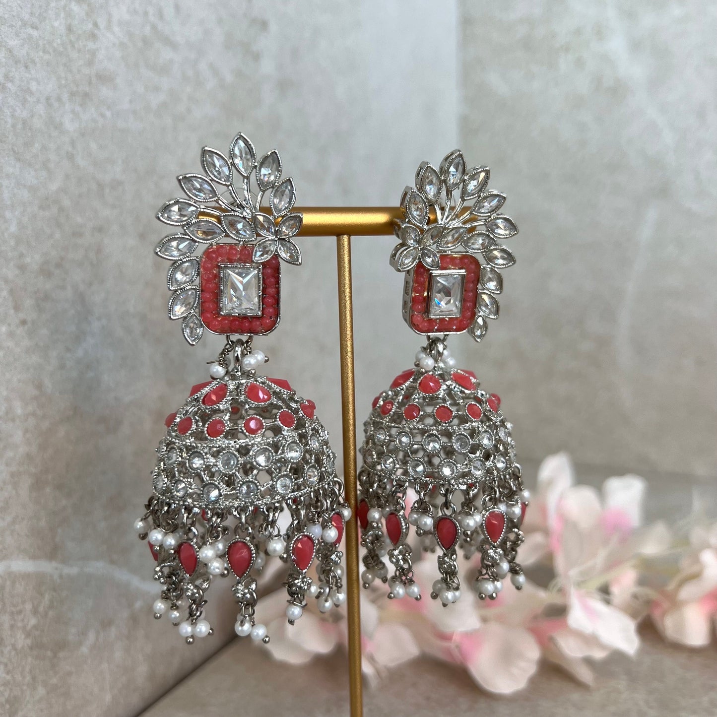 Coral/ Zircon Crystal Large Vine Leaf Jhumka Earrings - Indian Style Earring/Pakistani Fashion/ Mendhi/Party/Haldi/ Diwali Gift/ Eid Gift
