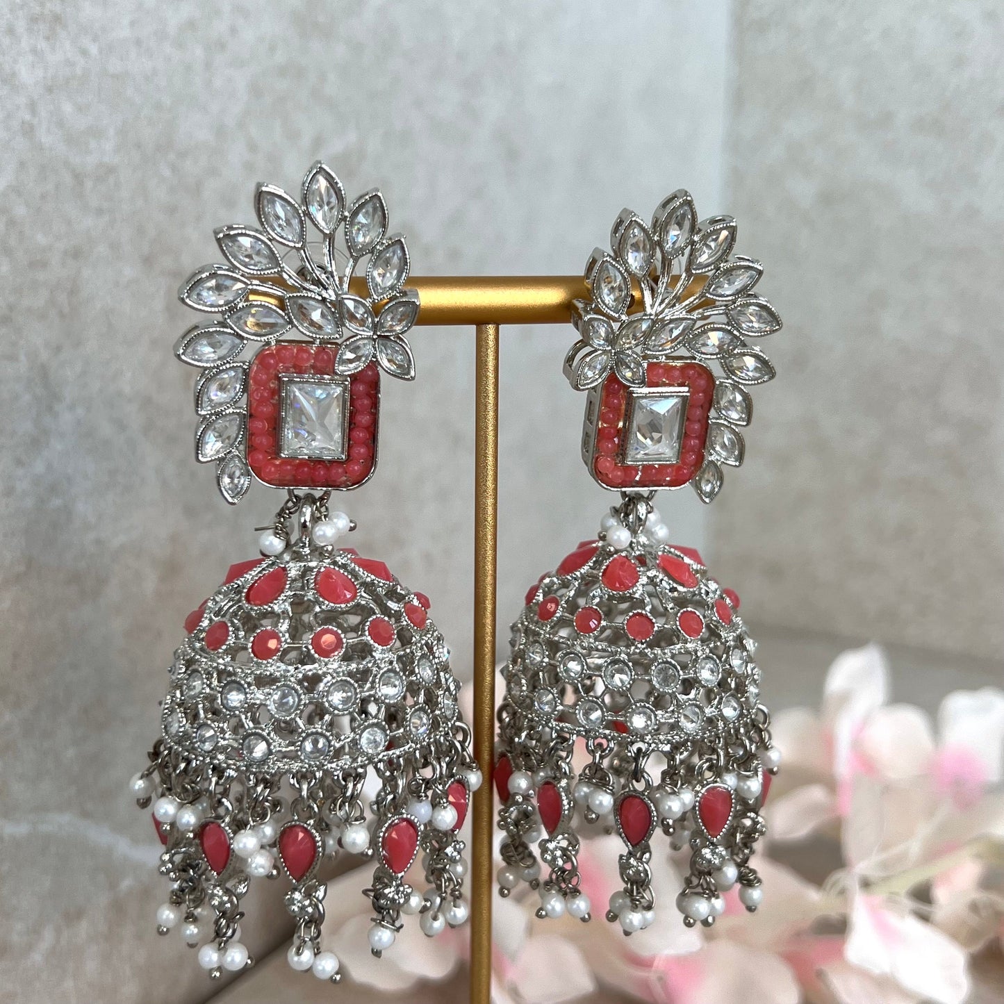 Coral/ Zircon Crystal Large Vine Leaf Jhumka Earrings - Indian Style Earring/Pakistani Fashion/ Mendhi/Party/Haldi/ Diwali Gift/ Eid Gift