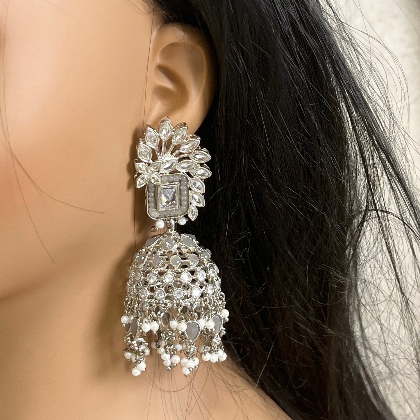 Coral/ Zircon Crystal Large Vine Leaf Jhumka Earrings - Indian Style Earring/Pakistani Fashion/ Mendhi/Party/Haldi/ Diwali Gift/ Eid Gift
