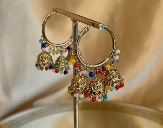 Multicolour Antique Gold Medium Jhumki - Hoops Indian Style Earrings/Mehendi Night Hoop Jhumkas Earrings/Gifts for Women