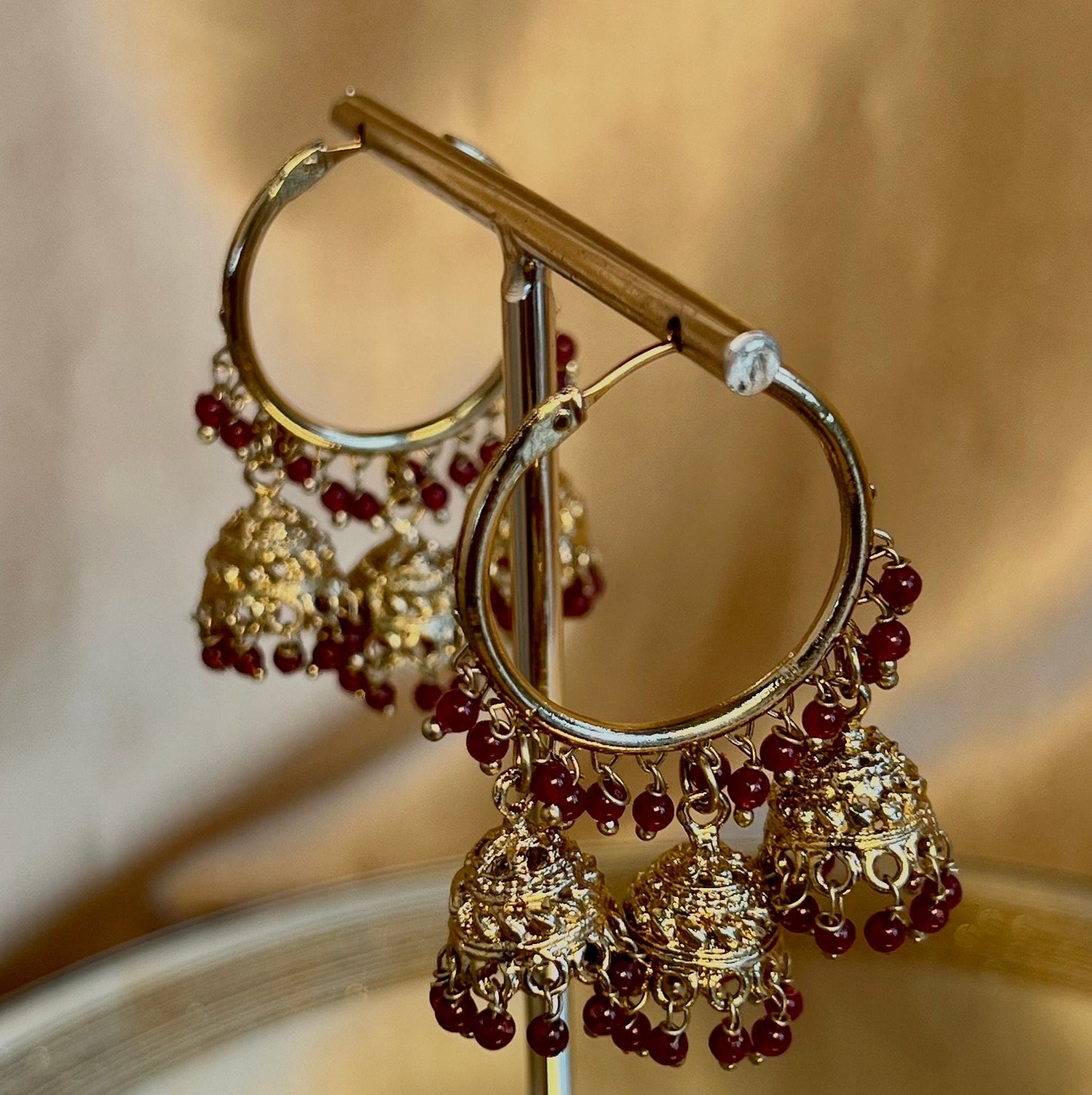 Dark Maroon Antique Gold Medium Jhumki - Hoops Indian Jhumka Style Earrings/Gifts for Women