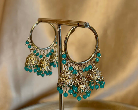 Teal Antique Gold Medium Jhumki - Hoops Indian Style Earrings/Mehendi Night Hoop Jhumkas Earrings/Gifts for Women