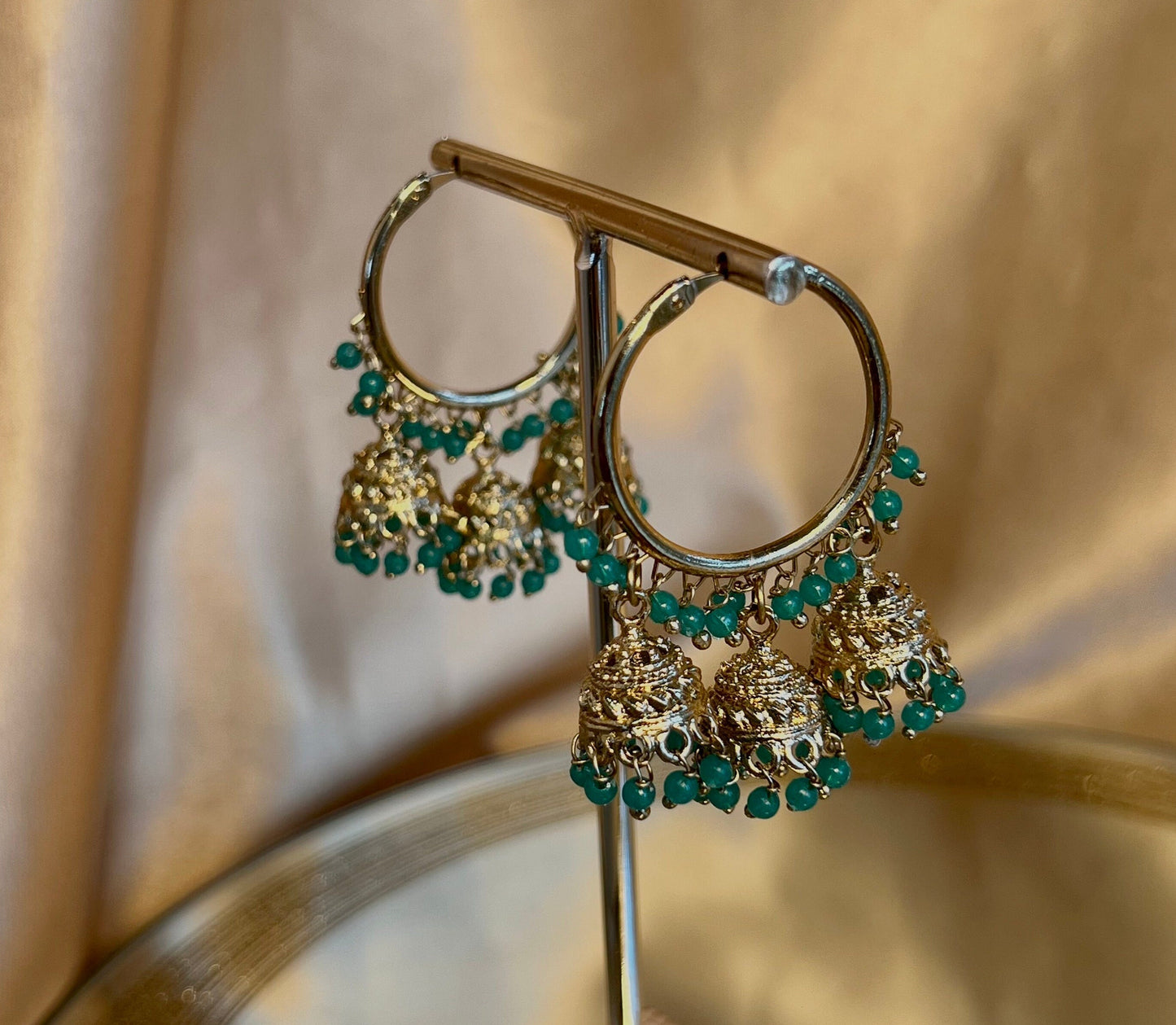 Green Antique Gold Medium Jhumki - Hoops Indian Style Earrings/Gifts for Women