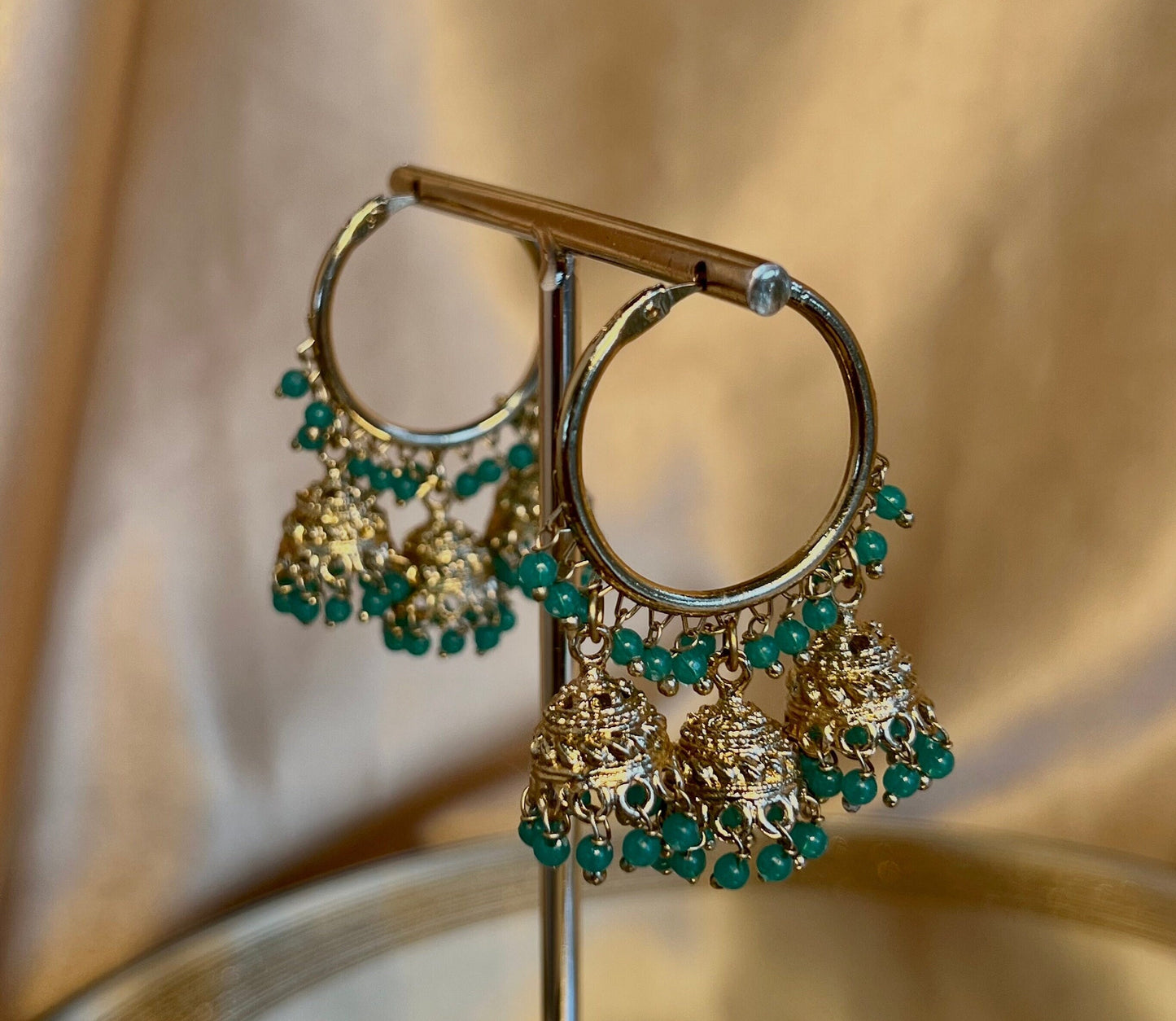 Green Antique Gold Medium Jhumki - Hoops Indian Style Earrings/Gifts for Women