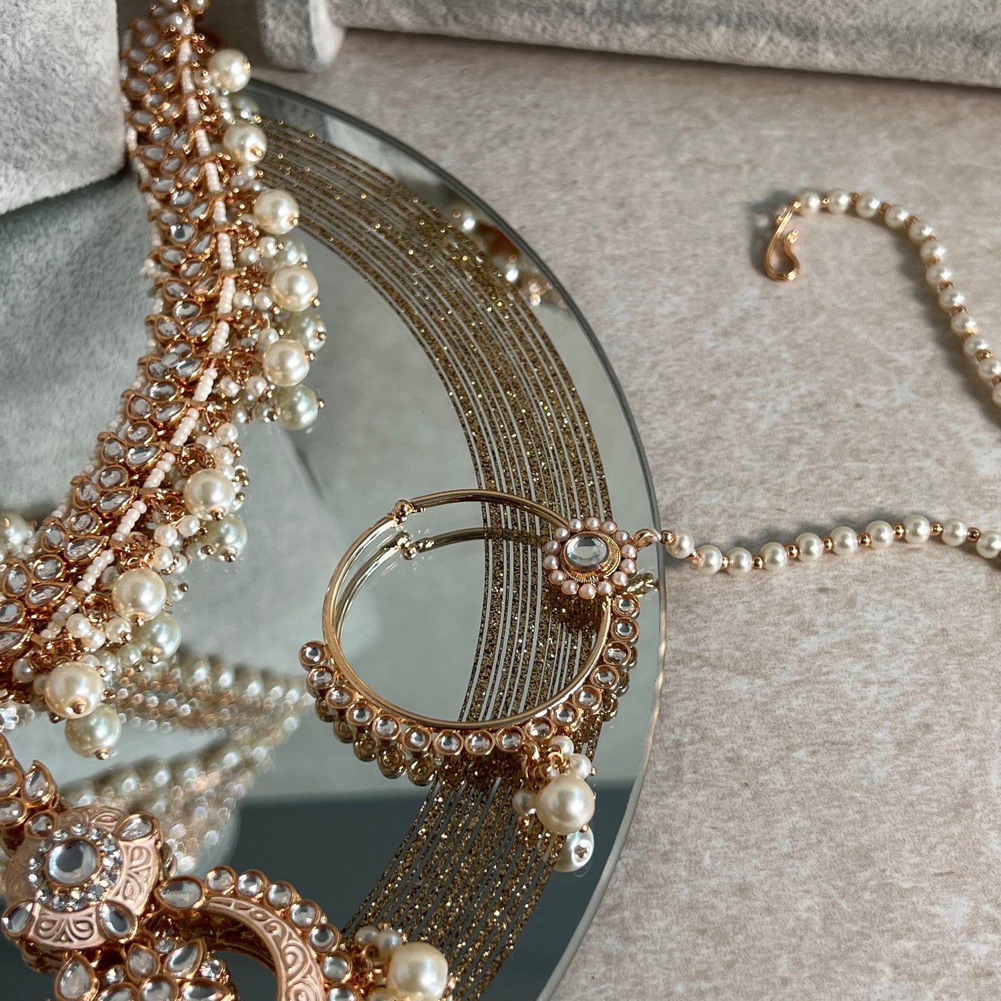 Rose Gold/Peach Full Faux Kundan Style Bridal Set/Indian/Pakistani Style/ Choker/ Earring/ Tikka/ Jhumar Passa/ Mathapatti/ Hand Harness.