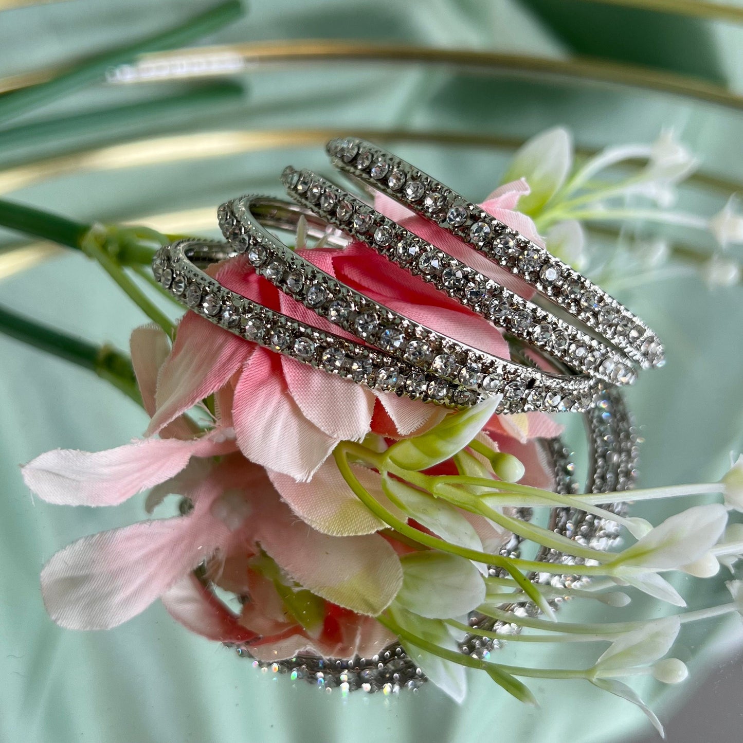 Silver Rhinestone bangle Set of 4/Indian/ Pakistani/Jewelley/ Fashion Bracelet/ Extra Small