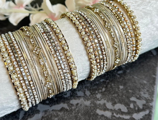 Small Cream & Clear Pearly Indian Bangle Set - Both ArmsIndian/ Pakistani/Jewelley/ Fashion Bracelet