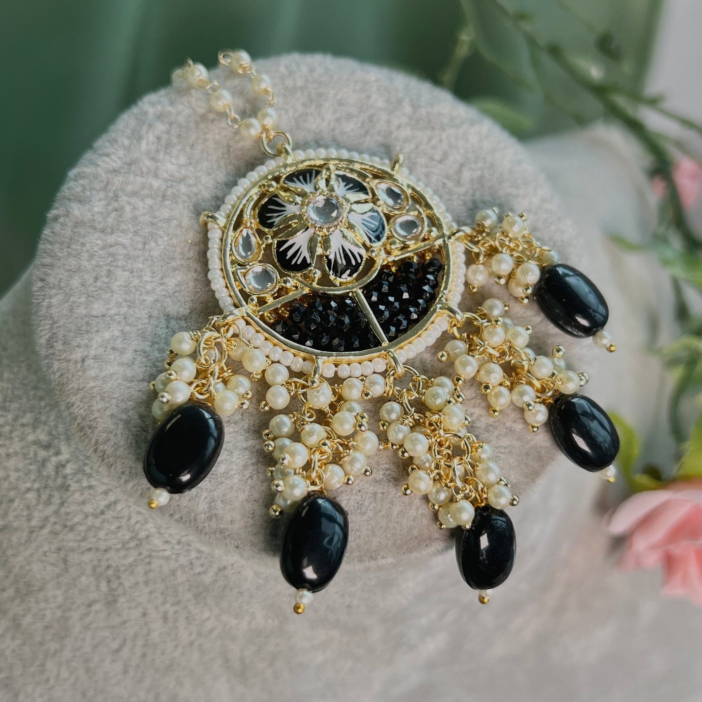 Black Meenakari Tikka /Faux Kudan Pearl tikka/ Tikli/ Indian/ Pakistani Fashion Jewellery/ Maang Tikkas