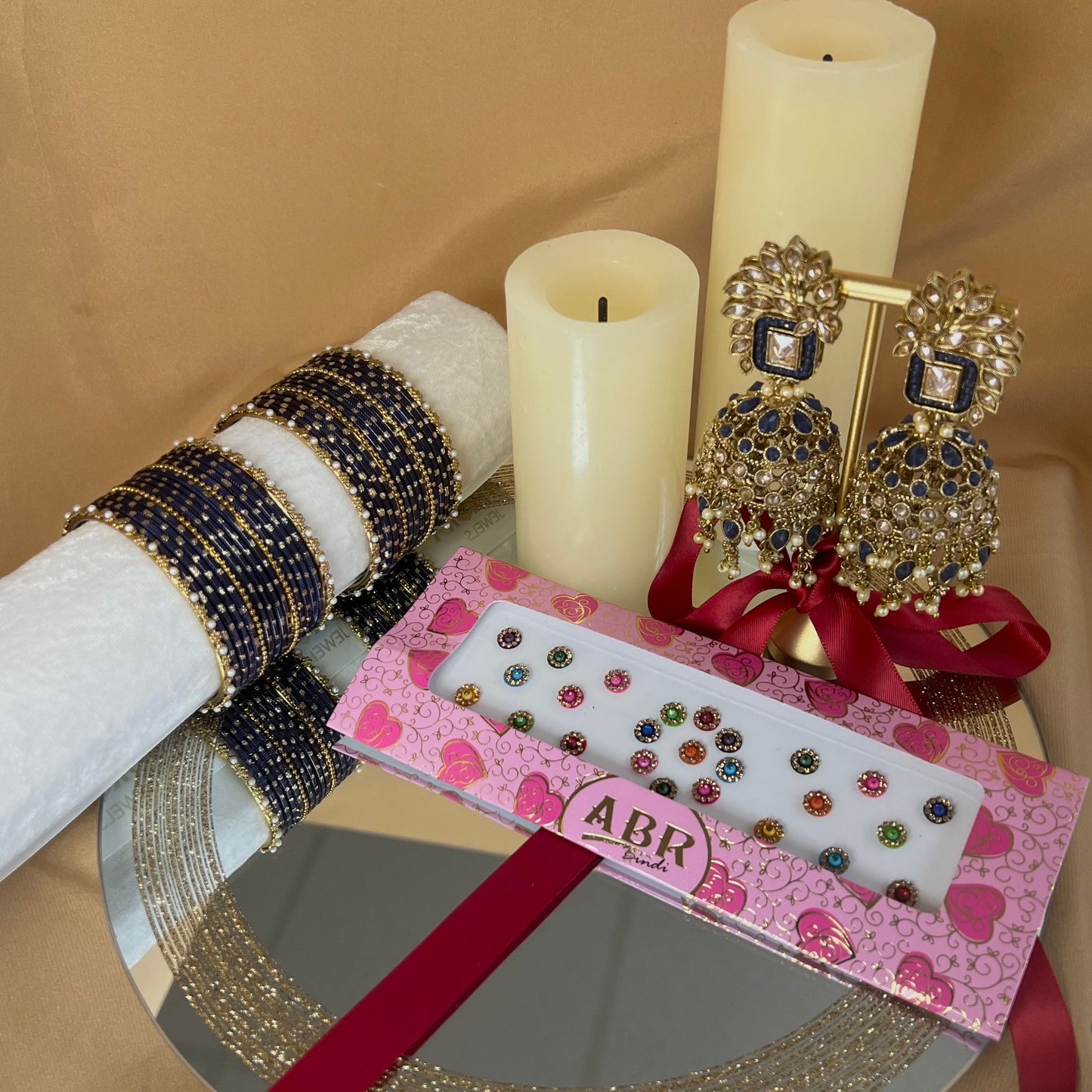 Gift Set For Her - Navy Jhumka Earrings, Small Bangles Set & Pack of Multicolour Bindi Pack/Indian Jewellery Gift Set/Valentines gifts