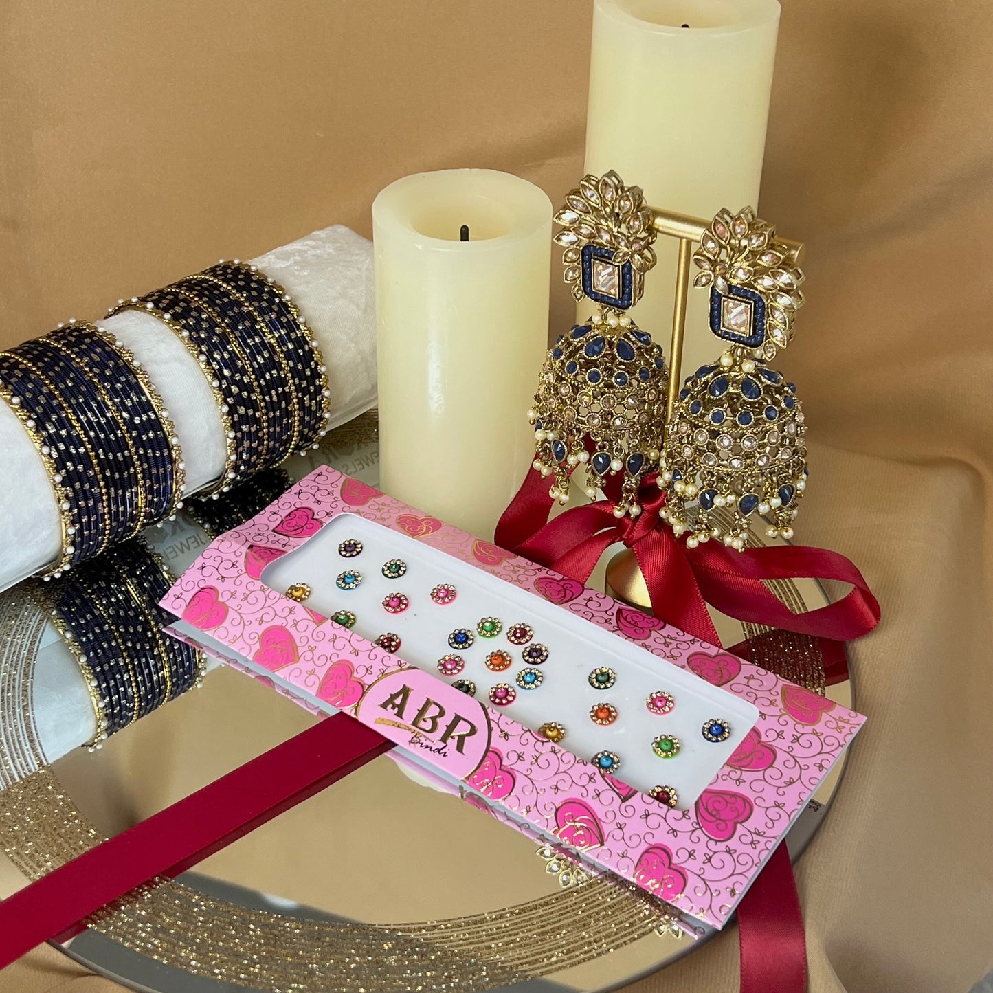 Gift Set For Her - Navy Jhumka Earrings, Small Bangles Set & Pack of Multicolour Bindi Pack/Indian Jewellery Gift Set/Valentines gifts