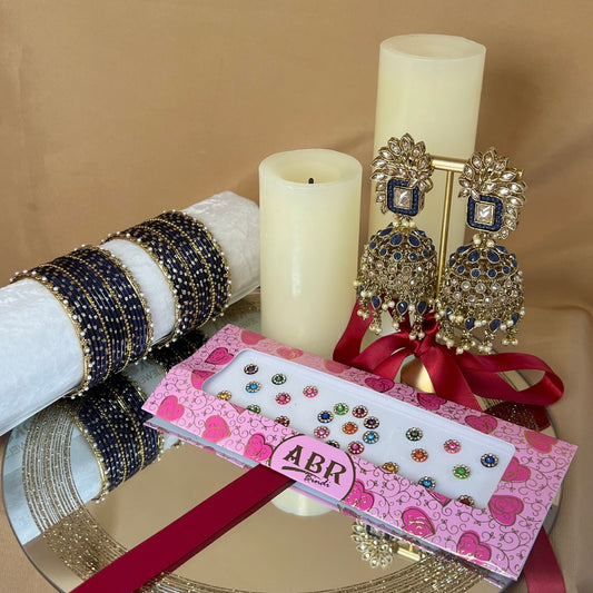 Gift Set For Her - Navy Jhumka Earrings, Small Bangles Set & Pack of Multicolour Bindi Pack/Indian Jewellery Gift Set/Valentines gifts