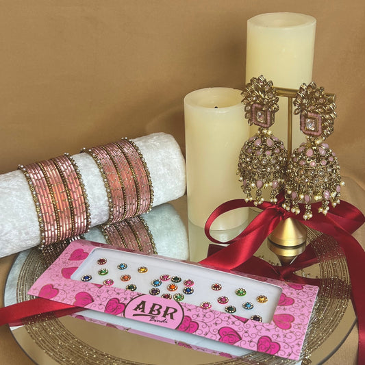 Gift Set For Her - Pink Jhumka Earrings, Small Bangles Set & Pack of Multicolour Bindi Pack/Indian Jewellery Gift Set/Valentines gifts