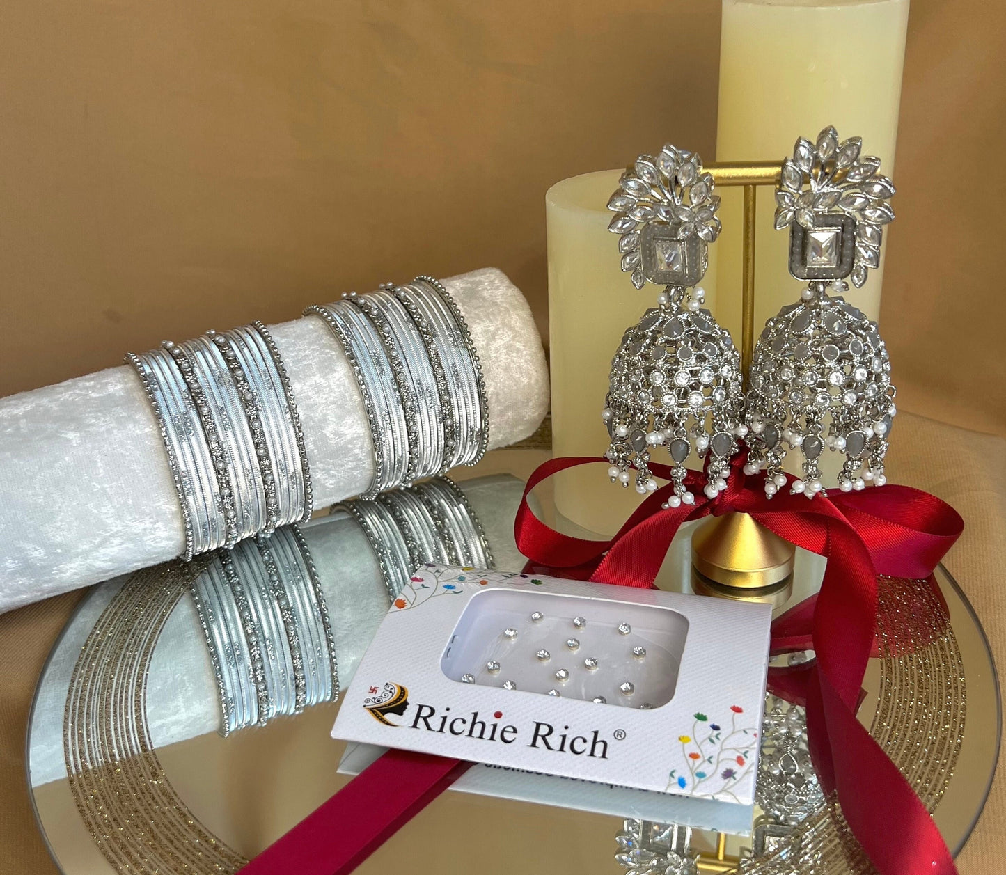 Gift Set For Her - Silver/Grey Jhumka Earrings, Silver Small Bangles Set/Silver Bindi Pack/Indian Jewellery Gift Set/Valentines gifts