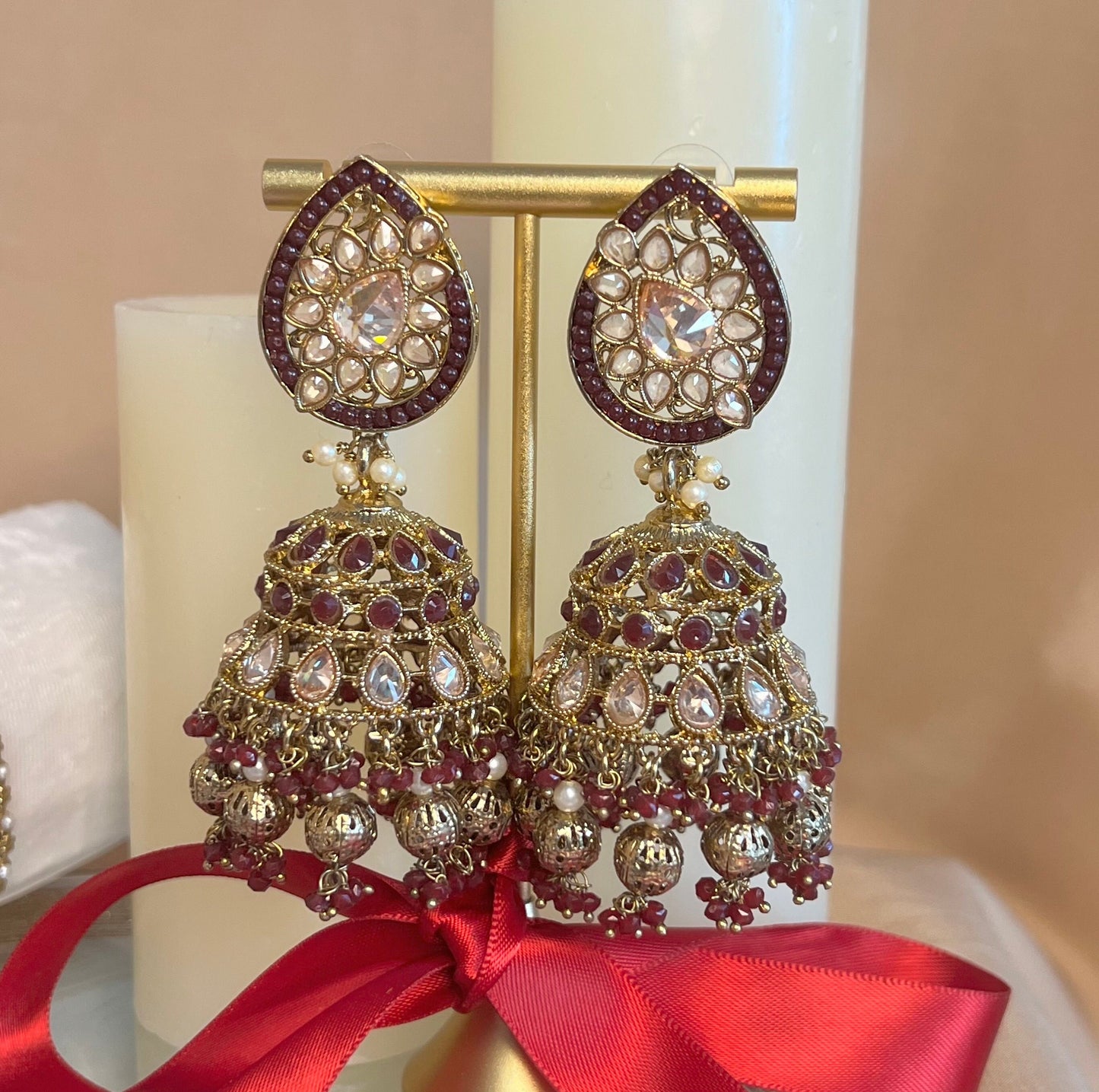 Gift Set For Her - Maroon Jhumka Earrings, Maroon Small Bangles Set/Multicolour Bindi Pack/Indian Jewellery Gift Set/Valentines gifts