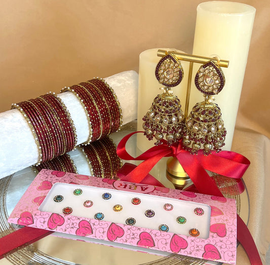 Gift Set For Her - Maroon Jhumka Earrings, Maroon Small Bangles Set/Multicolour Bindi Pack/Indian Jewellery Gift Set/Valentines gifts
