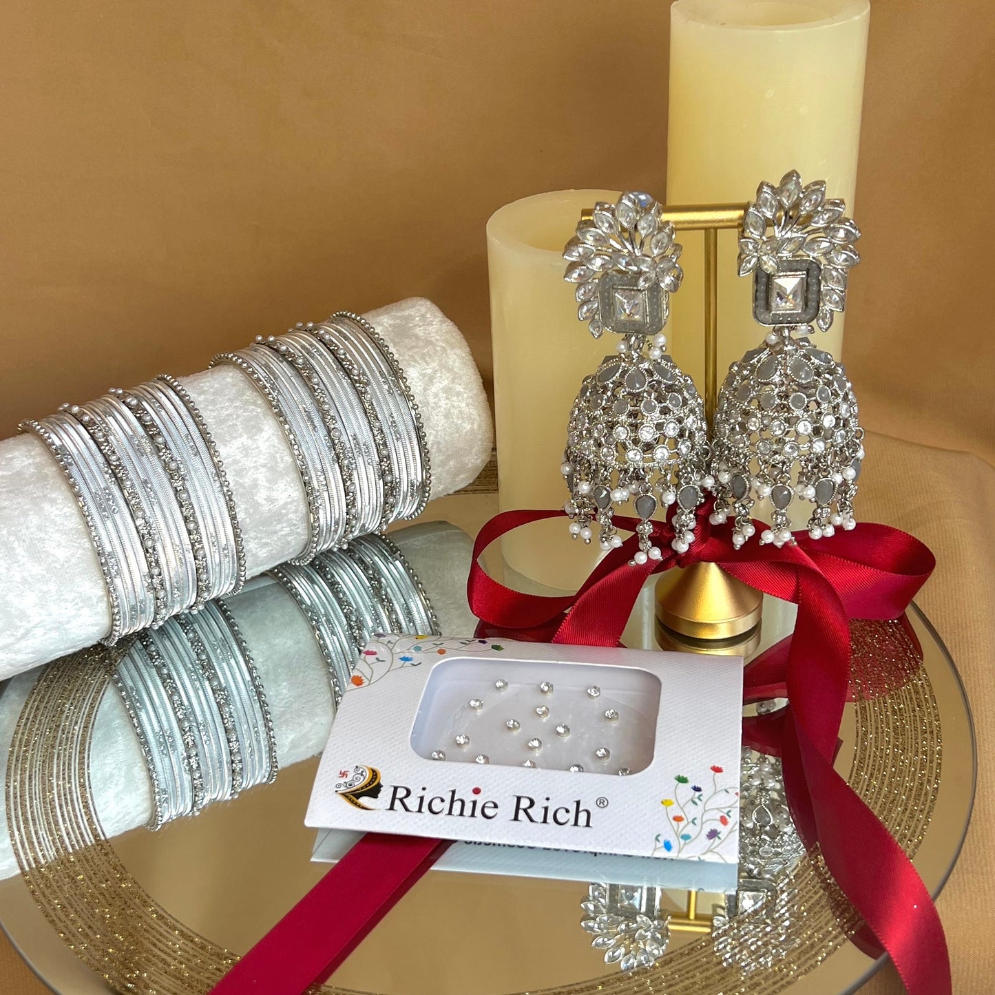 Gift Set For Her - Silver/Grey Jhumka Earrings, Silver Small Bangles Set/Silver Bindi Pack/Indian Jewellery Gift Set/Valentines gifts