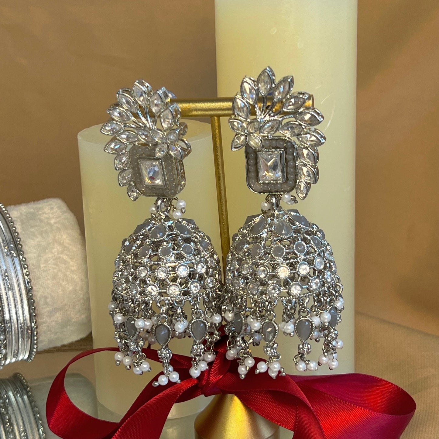 Gift Set For Her - Silver/Grey Jhumka Earrings, Silver Small Bangles Set/Silver Bindi Pack/Indian Jewellery Gift Set/Valentines gifts