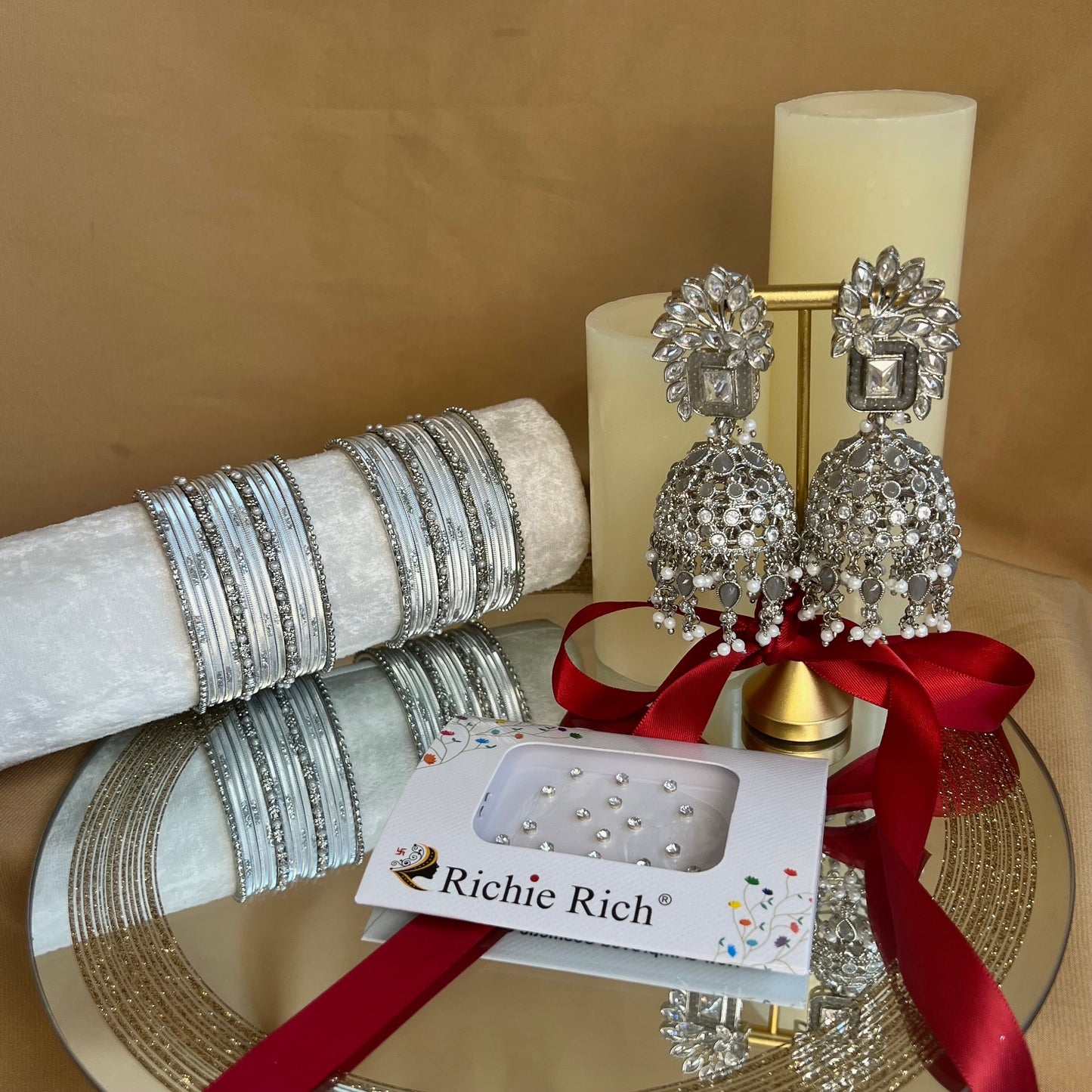 Gift Set For Her - Silver/Grey Jhumka Earrings, Silver Small Bangles Set/Silver Bindi Pack/Indian Jewellery Gift Set/Valentines gifts