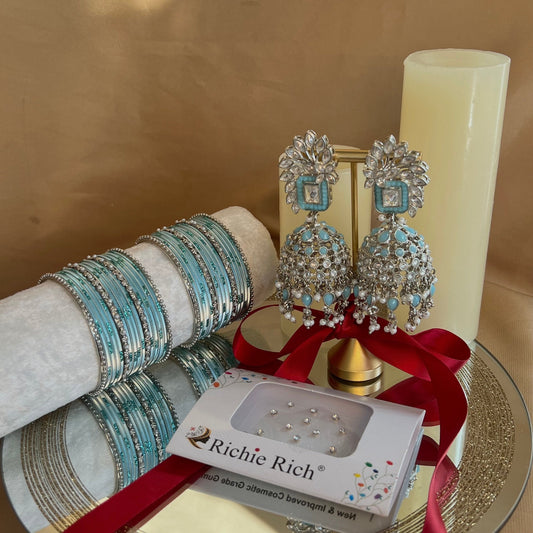 Gift Set For Her - Silver/Blue Jhumka Earrings, Silver/Blue Small Bangles Set/Silver Bindi Pack/Indian Jewellery Gift Set