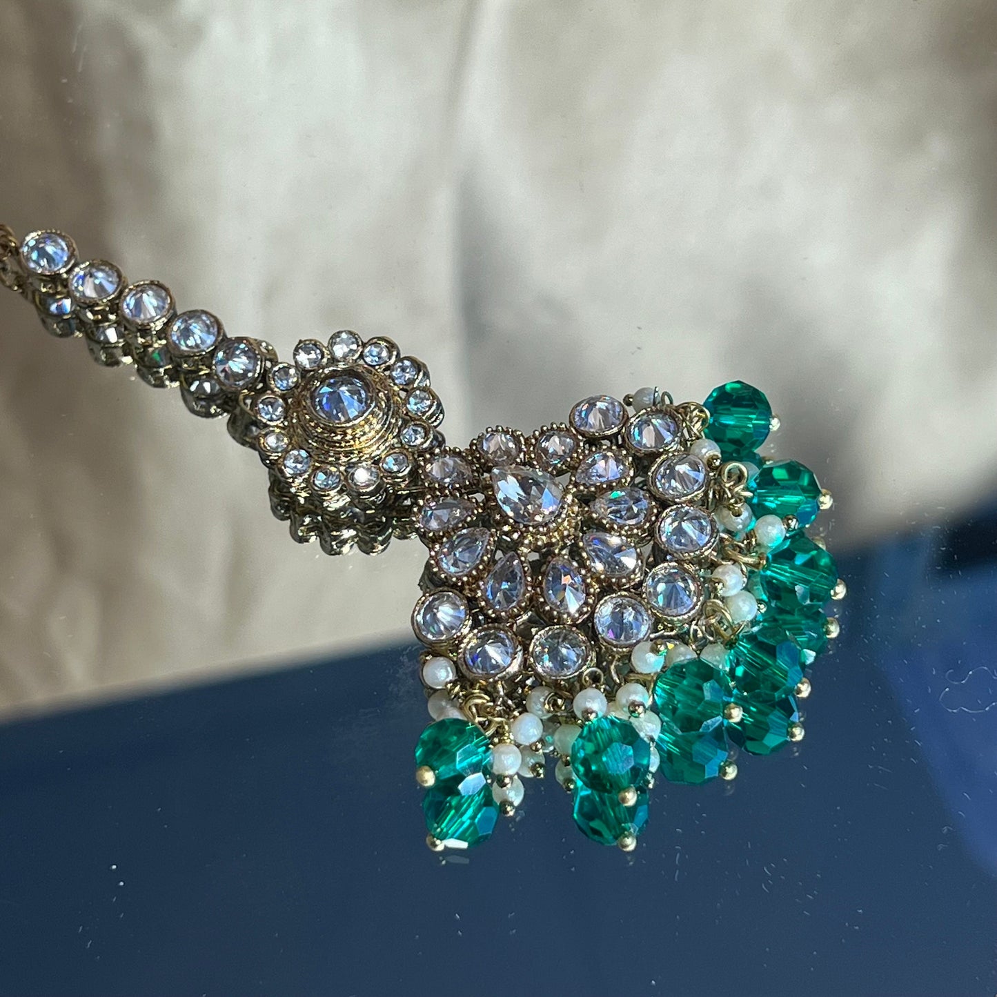 Green & Clear Stones Antique GoldTikka/Tikli/ Indian/ Pakistani Fashion Jewellery/ Maang Tikkas