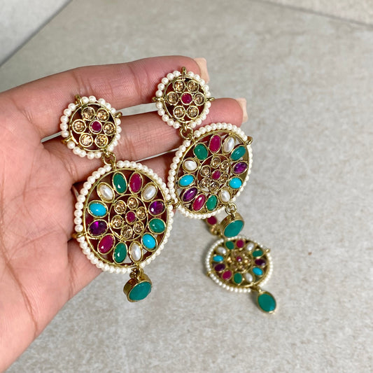 Multicolour/ Gold/ Pearl/ Crystal Indian Earrings and Tikka - Mint/ Flat Earring Indian/ Pakistani Style