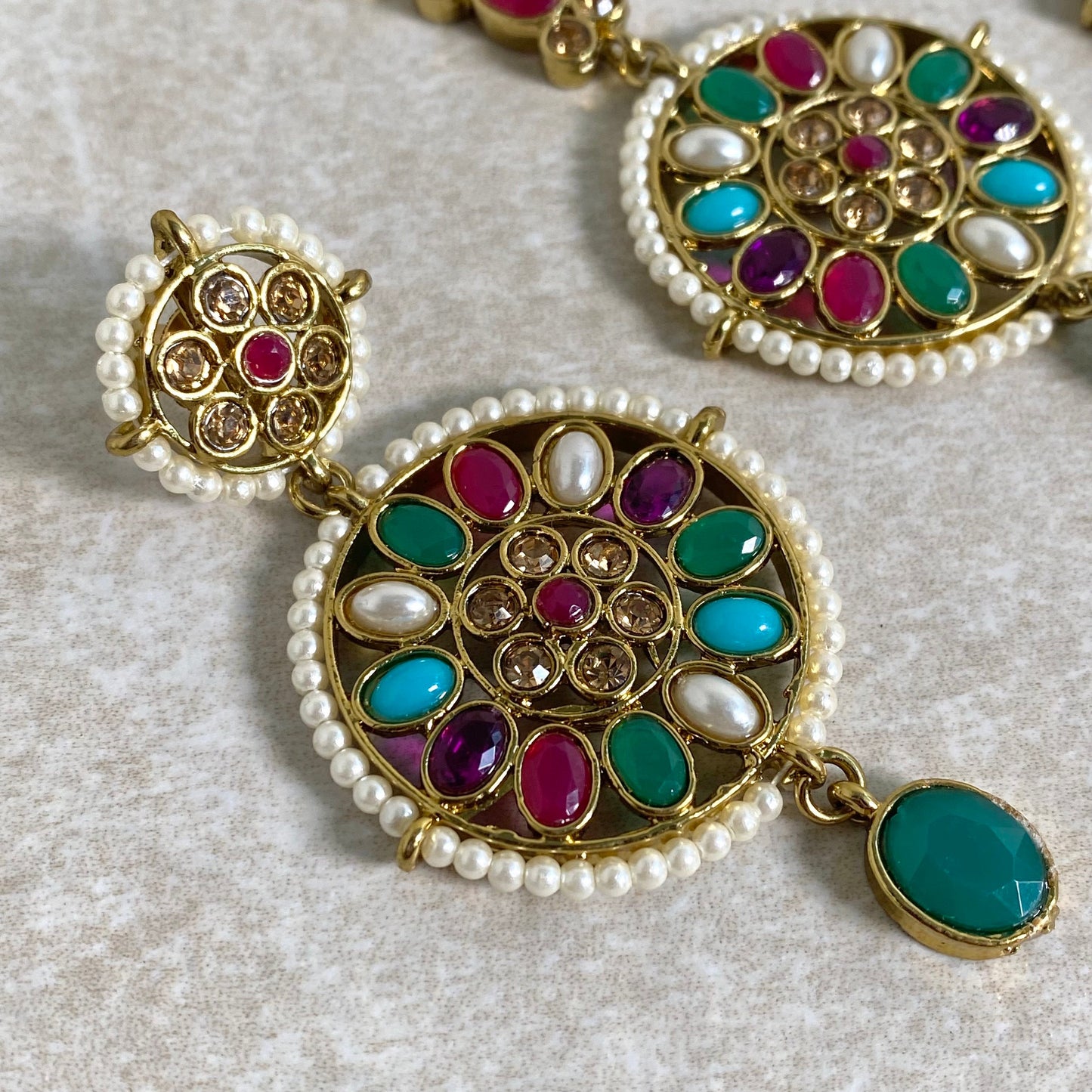 Multicolour/ Gold/ Pearl/ Crystal Indian Earrings and Tikka - Mint/ Flat Earring Indian/ Pakistani Style