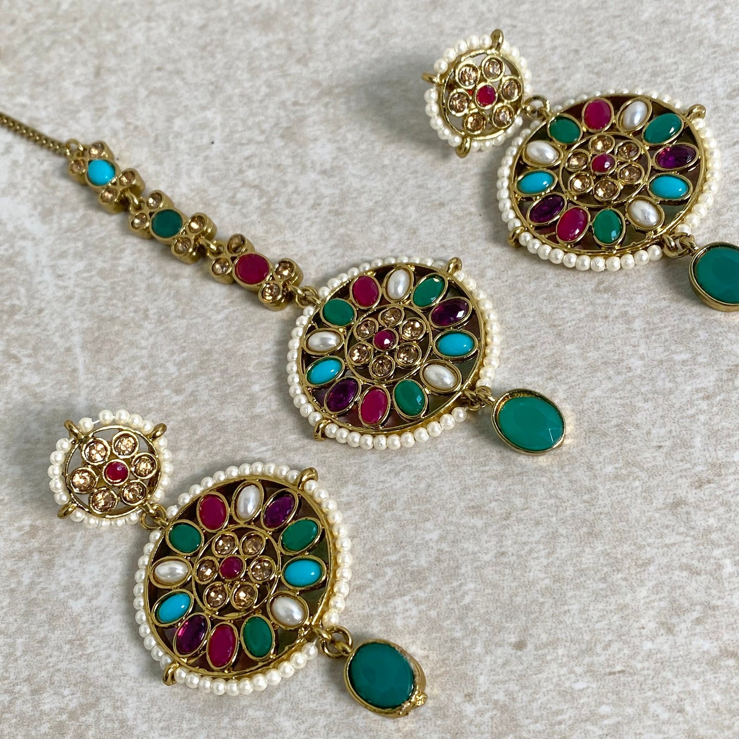 Multicolour/ Gold/ Pearl/ Crystal Indian Earrings and Tikka - Mint/ Flat Earring Indian/ Pakistani Style