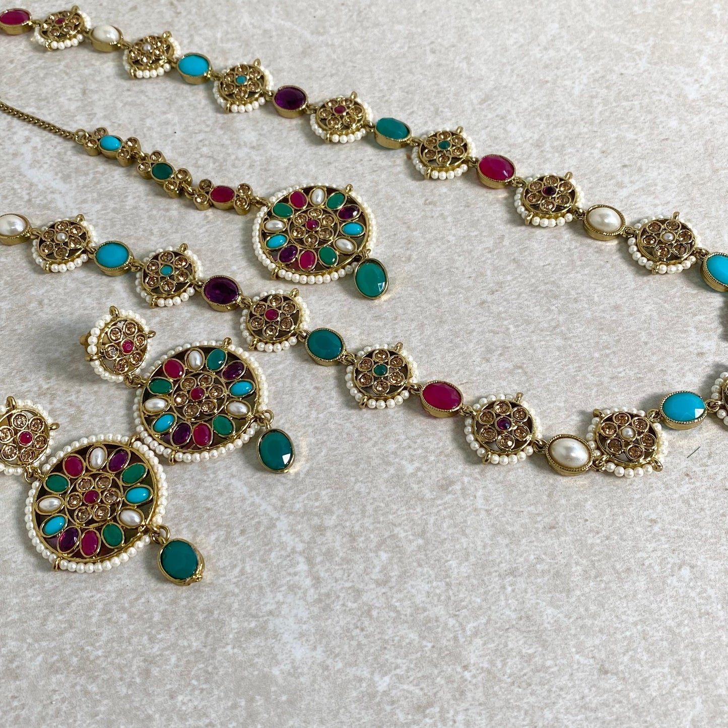 Multicolour/ Gold/ Pearl/ Crystal Indian Earrings and Tikka - Mint/ Flat Earring Indian/ Pakistani Style