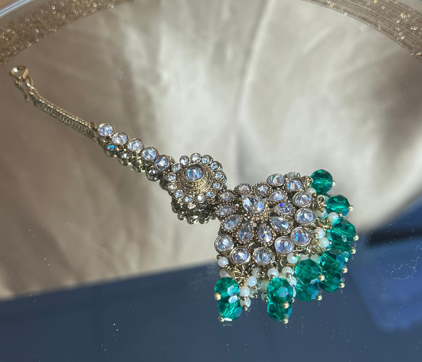 Green & Clear Stones Antique GoldTikka/Tikli/ Indian/ Pakistani Fashion Jewellery/ Maang Tikkas