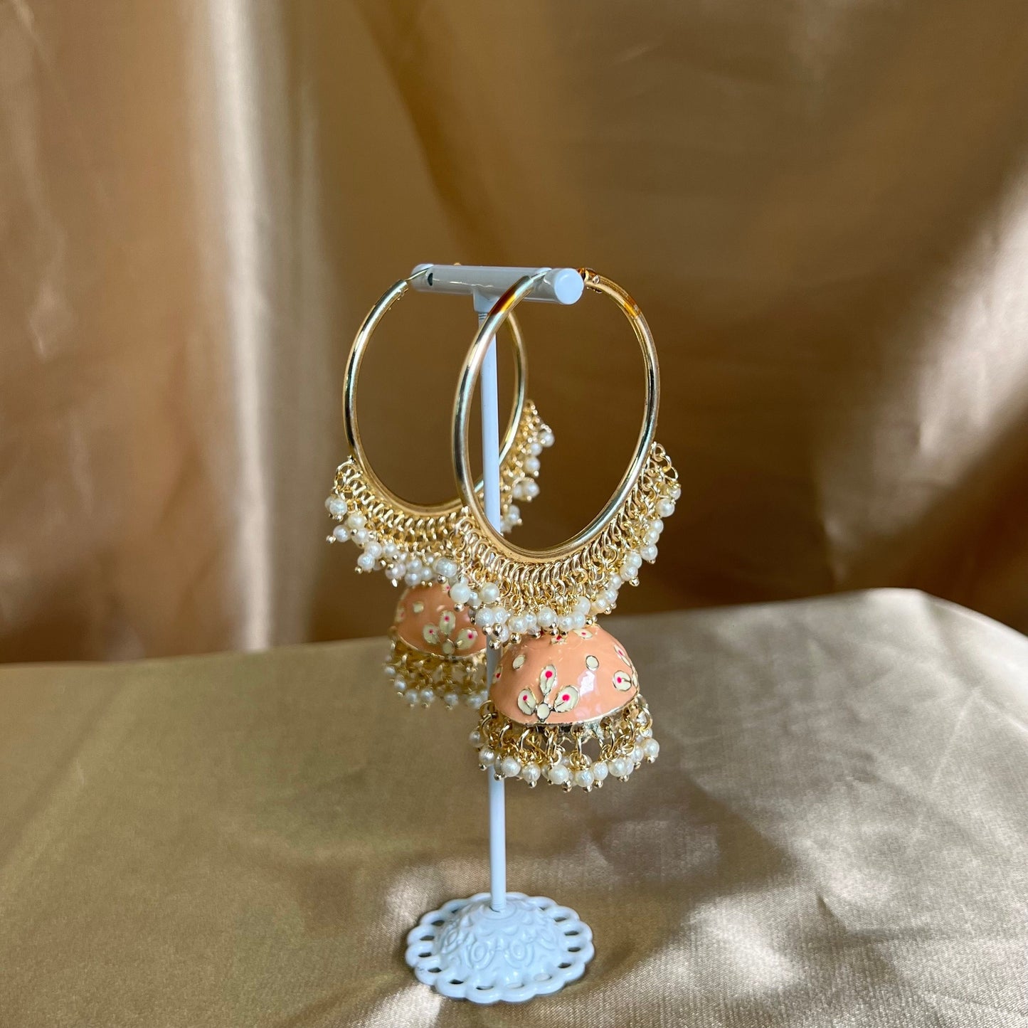 Meenakari/ Indian/ Pakistani Style/ Peach- Hand Painted Jhumka Hoop Earrings-