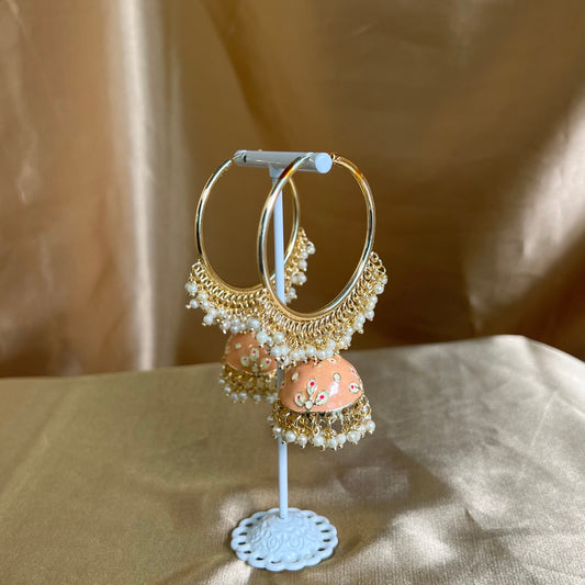 Meenakari/ Indian/ Pakistani Style/ Peach- Hand Painted Jhumka Hoop Earrings-