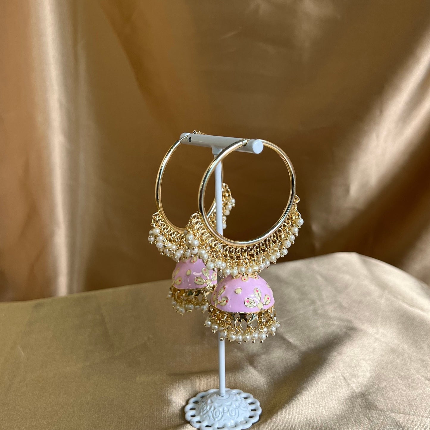 Meenakari/ Indian/ Pakistani Style/Pink-Hand Painted Jhumka Hoop Earrings