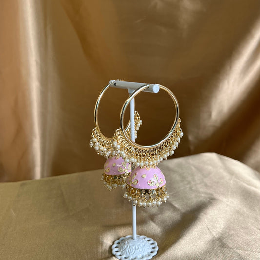 Meenakari/ Indian/ Pakistani Style/Pink-Hand Painted Jhumka Hoop Earrings