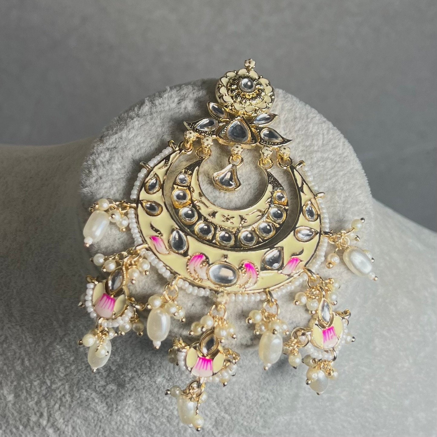 Meenakari/Faux Kudan Large Tikka - Cream/Pink/ Tikli/ Indian/ Pakistani Fashion Jewellery/ Maang Tikkas