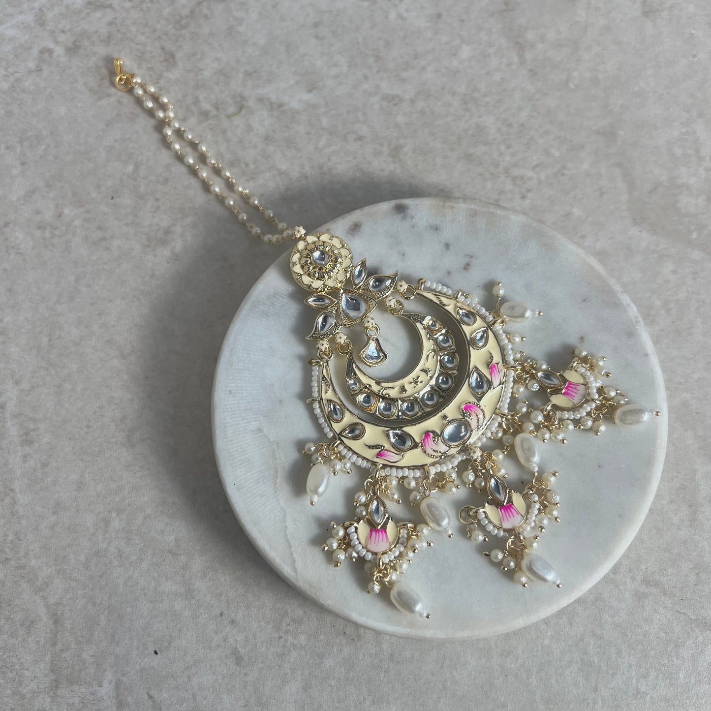 Meenakari/Faux Kudan Large Tikka - Cream/Pink/ Tikli/ Indian/ Pakistani Fashion Jewellery/ Maang Tikkas