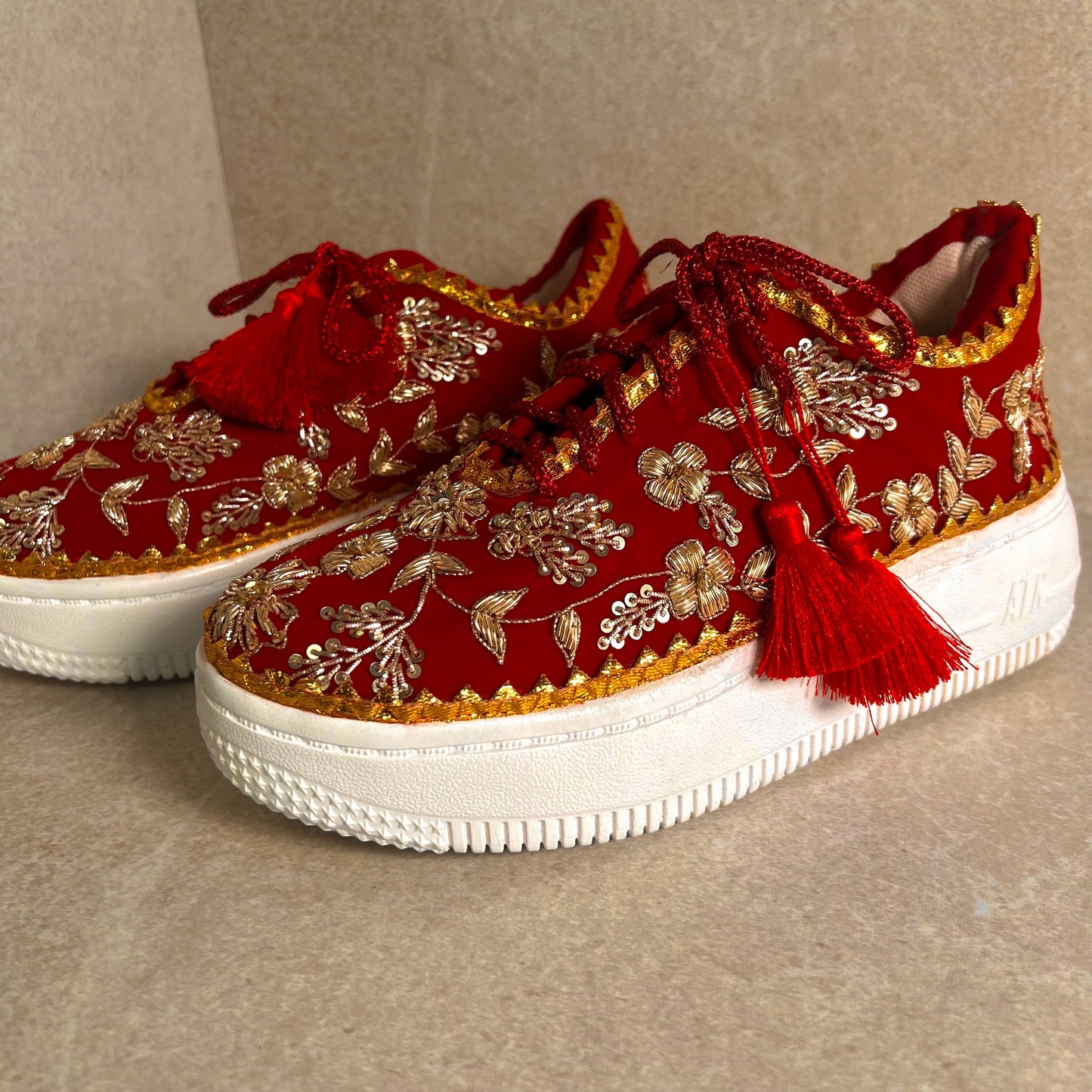 RED FLAT/Bridal Trainers/Sneakers/Indian/Pakistani/Asian Wedding/Heavily Embroidered/Lace Dance Shoes/Unique/Gift For Her/Hand Made Shoes/
