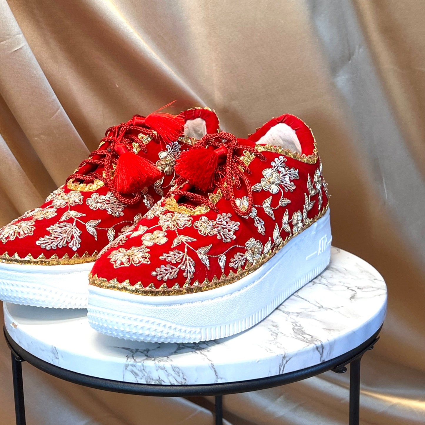 RED FLAT/Bridal Trainers/Sneakers/Indian/Pakistani/Asian Wedding/Heavily Embroidered/Lace Dance Shoes/Unique/Gift For Her/Hand Made Shoes/