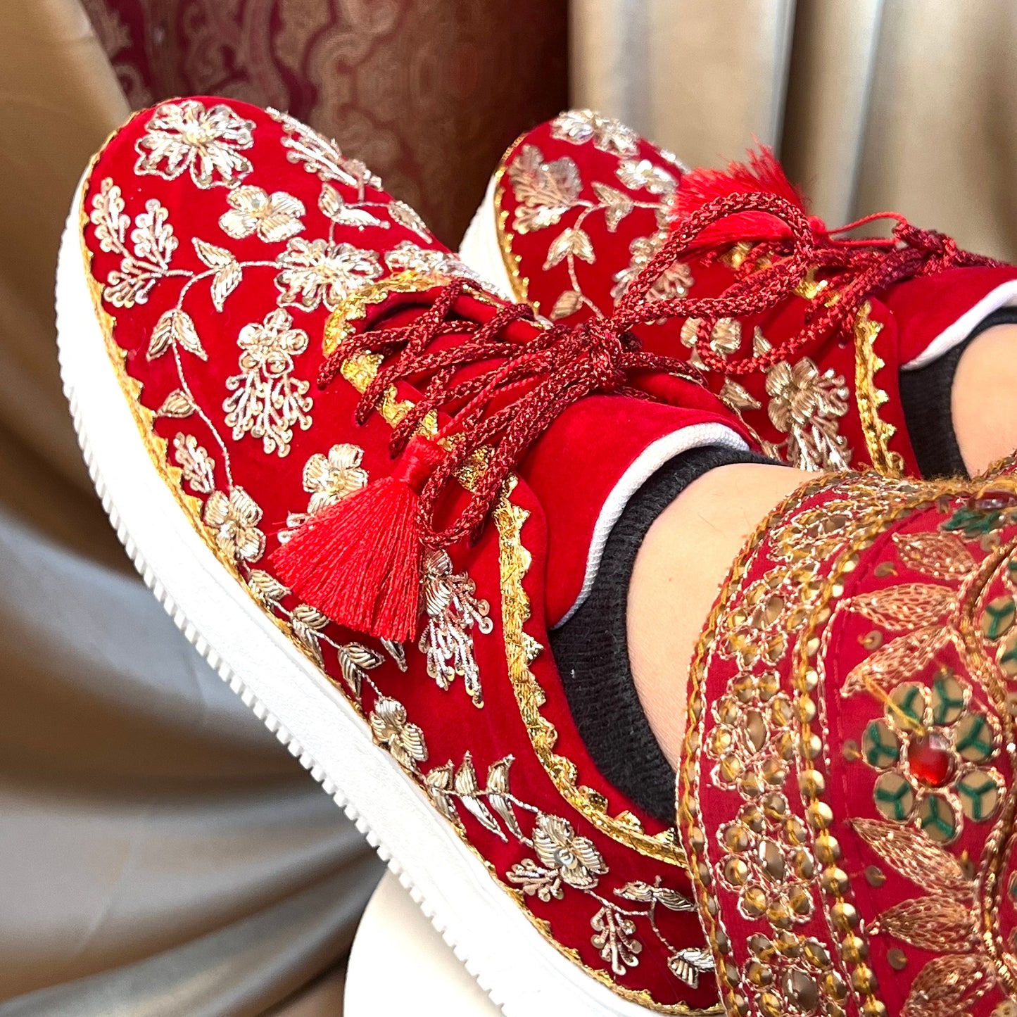RED FLAT/Bridal Trainers/Sneakers/Indian/Pakistani/Asian Wedding/Heavily Embroidered/Lace Dance Shoes/Unique/Gift For Her/Hand Made Shoes/