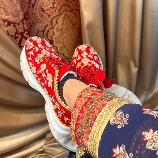 RED CHUNKY/Bridal Trainers/Sneakers/Indian/Pakistani/Asian Wedding/Heavily Embroidered/Lace Dance Shoes/Unique/Gift For Her/Hand Made Shoes/