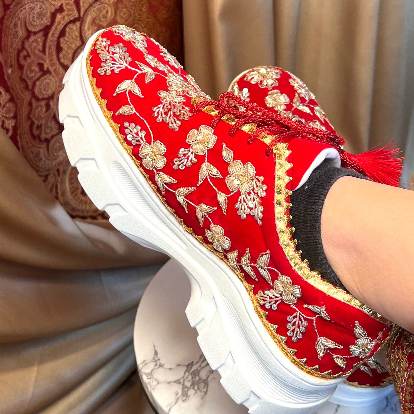 RED CHUNKY/Bridal Trainers/Sneakers/Indian/Pakistani/Asian Wedding/Heavily Embroidered/Lace Dance Shoes/Unique/Gift For Her/Hand Made Shoes/
