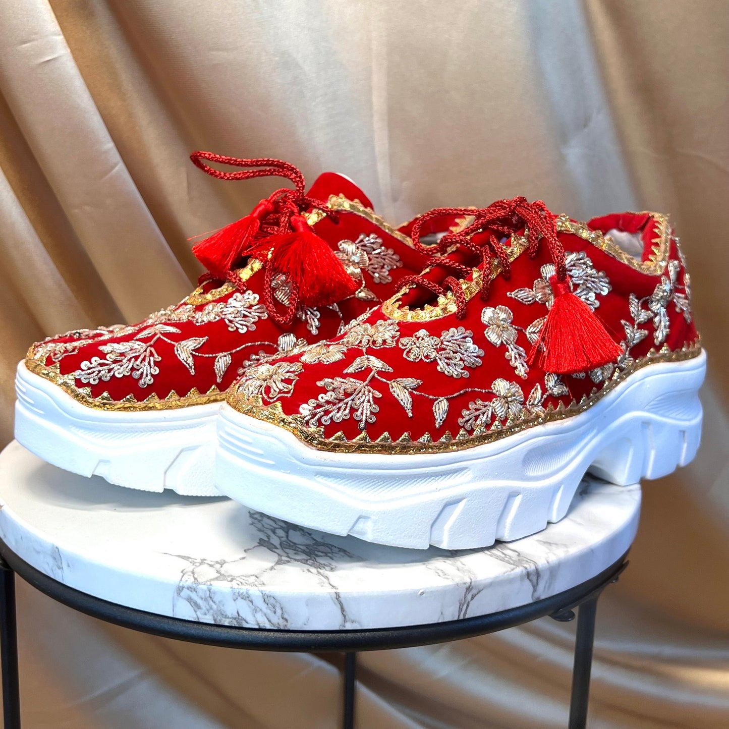 RED CHUNKY/Bridal Trainers/Sneakers/Indian/Pakistani/Asian Wedding/Heavily Embroidered/Lace Dance Shoes/Unique/Gift For Her/Hand Made Shoes/