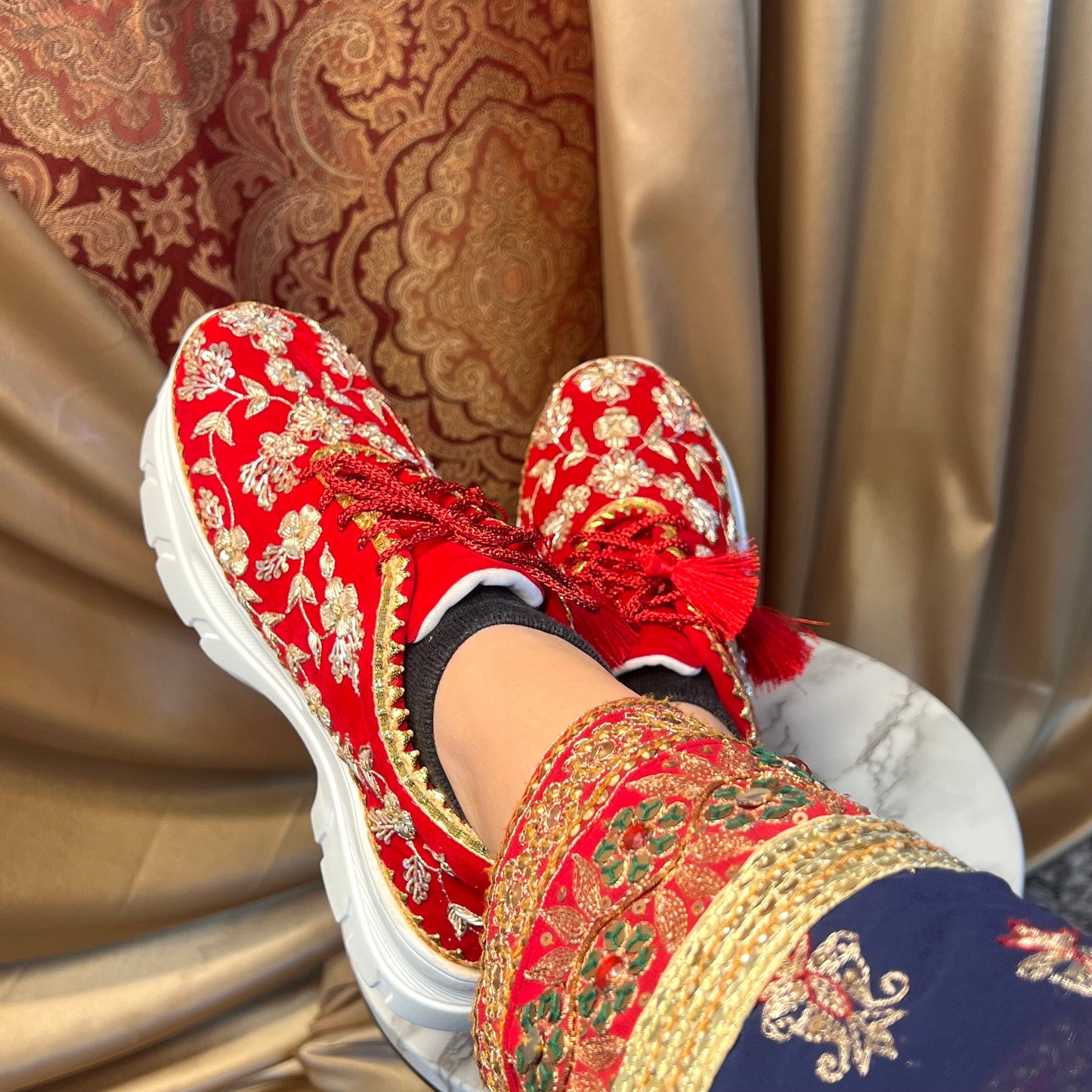 RED CHUNKY/Bridal Trainers/Sneakers/Indian/Pakistani/Asian Wedding/Heavily Embroidered/Lace Dance Shoes/Unique/Gift For Her/Hand Made Shoes/