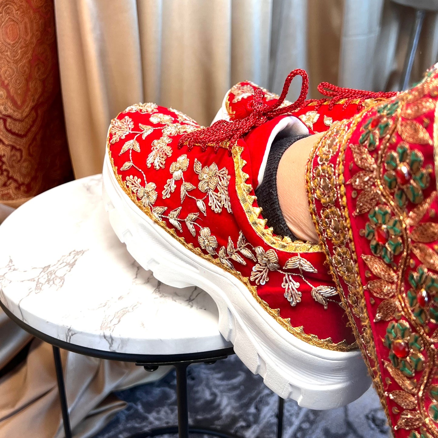 RED CHUNKY/Bridal Trainers/Sneakers/Indian/Pakistani/Asian Wedding/Heavily Embroidered/Lace Dance Shoes/Unique/Gift For Her/Hand Made Shoes/