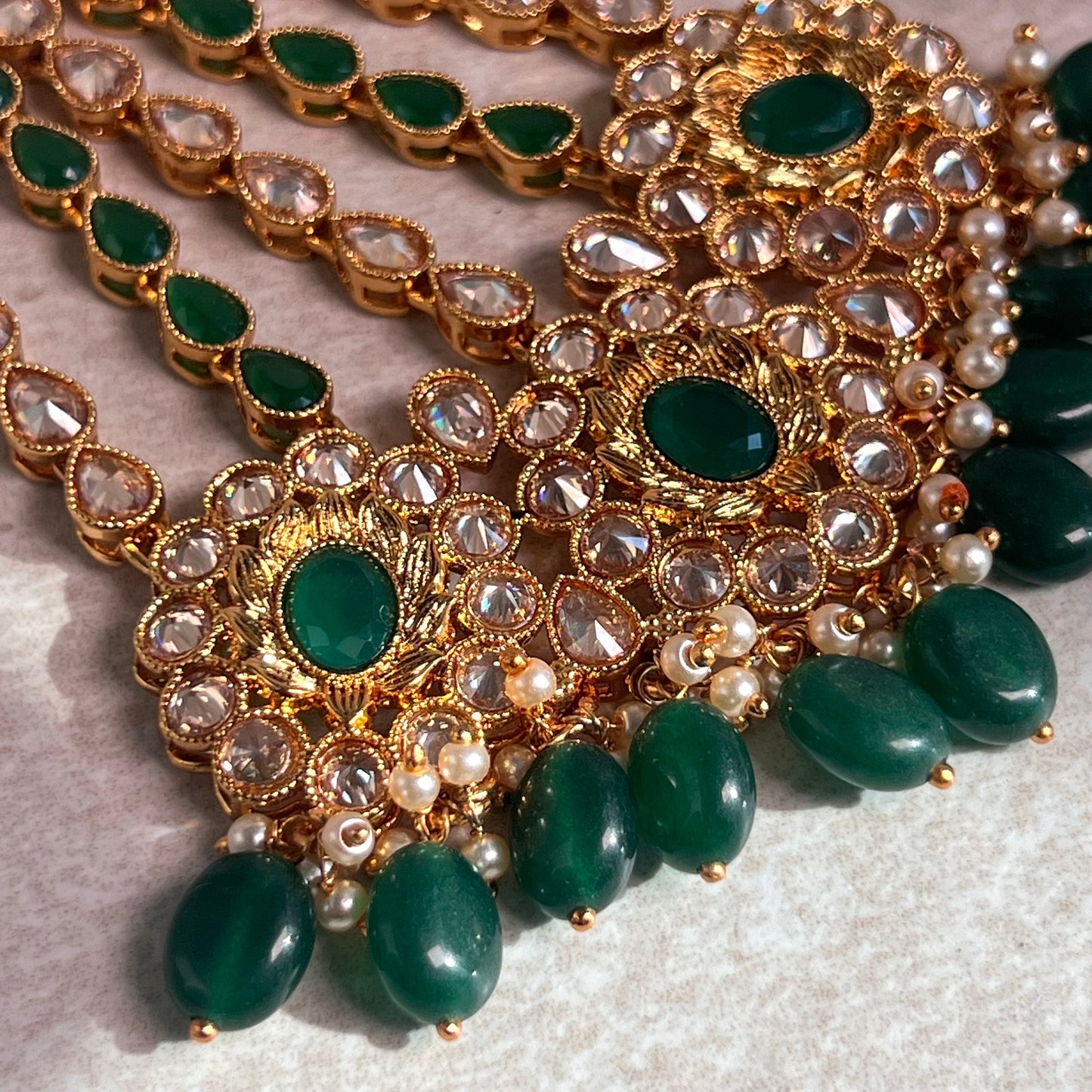 Jhumar/Green/Gold/Green Bead/Champagne zircon crystal/ Bright Gold/ Jhoomar / Passa/ Indian/ Pakistani Style/Head Piece