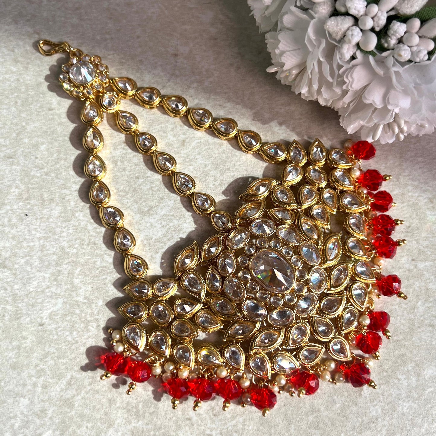 Jhumar/Red/Gold/Red Bead/Champagne zircon crystal/ Bright Gold/Faux Kundan/ Jhoomar / Passa/ Indian/ Pakistani Style/Head Piece