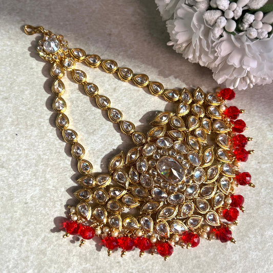 Jhumar/Red/Gold/Red Bead/Champagne zircon crystal/ Bright Gold/Faux Kundan/ Jhoomar / Passa/ Indian/ Pakistani Style/Head Piece